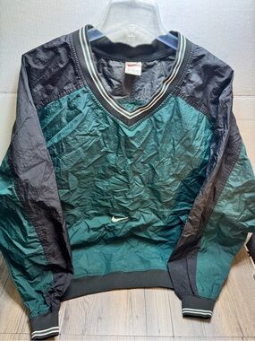 Nike Vintage 90s Pullover Windbreaker Jacket Green Black V Neck Pockets Mens XXL